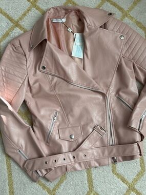Blush Pink Faux Leather Moto Jacket with Quilted Shoulders